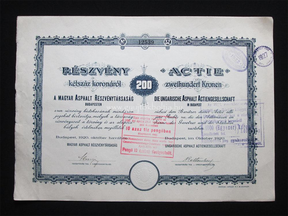 Magyar Asphalt (aszfalt) Részvénytársaság 200 korona 1920